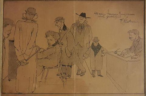 Caricatura di V. Venturini dedicata a Francesco Bongiovanni, “Ospite gentiluomo”. La caricatura ritrae l’interno del negozio Bongiovanni negli anni ’20. Al banco di vendita si riconosce Francesco, mentre nel gruppo dei compositori spicca Ottorino Respighi