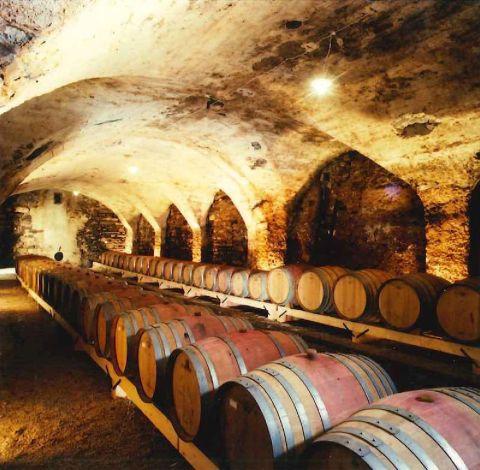 La barricaia nella prima sede di Cantina Tramin ubicata nel centro di Termeno, anni novanta 