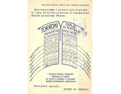 Frontale della cartolina informativa sui prezzi del Torronificio M. Geraci (1936)