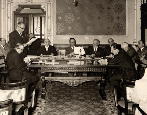 Palazzo Rusconi (oggi Salone di rappresentanza): le celebrazioni del centesimo anniversario di fondazione della Cassa di Risparmio di Cento (1959) . Archivio Cassa di Risparmio di Cento