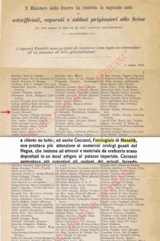 Documento del Ministero della Guerra datato 3 ottobre 1896 dall'archivio storico "Biblioteca Africana" in cui si evince il nome di Giovanni Ceccacci prigioniero allo Scioa; nel mezzo il trafiletto estrapolato dal libro del prigioniero sottufficiale Francesco Frisina, compagno di sventura di Giovanni Ceccacci, "L'Italia in Abissinia e nel Sudan: dall'acquisto di Assab, 1869, alla cessione di Cassala, 1897", pag. 326, in cui si riporta la qualifica di Ceccacci