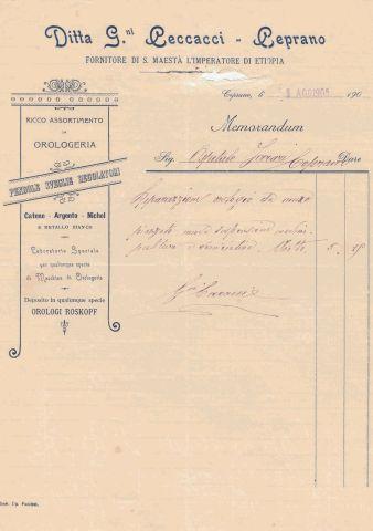 Memorandum per la riparazione di un orologio da muro, 1905 