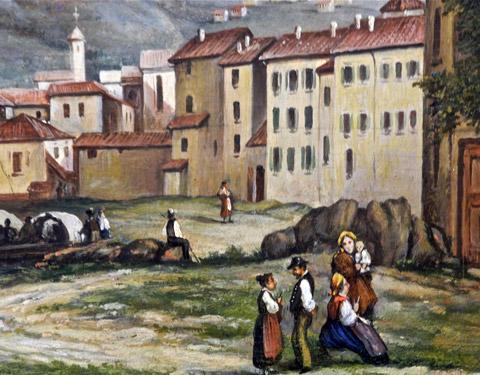 Particolare di un quadro di Gaetano Fasanotti, con sulla destra la casa dove nel 1809 i fratelli Battista e Bernardo Cima istituirono la sede ufficiale della loro "fraterna", avente per oggetto la fabbricazione e il commercio di ferramenta