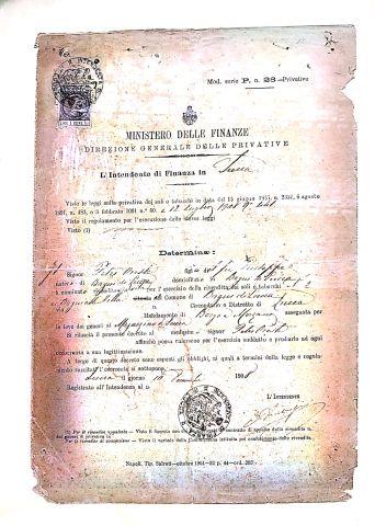 Autorizzazione del Ministero delle Finanze, Direzione generale delle Privative, Intendenza di Finanza di Lucca alla vendita di sali e tabacchi, 1908