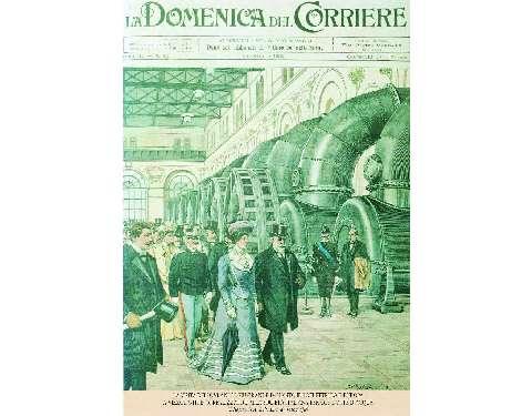 La copertina della Domenica del Corriere dedicata alla "visita dei sovrani al più grande impianto idroelettrico d'Europa, quello di Vizzola-Ticino realizzato dalla Società italiana per condotte d'acqua"