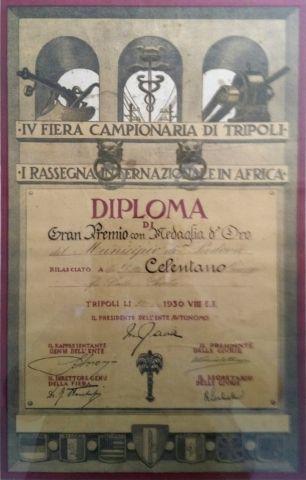 Diploma di medaglia d'oro rilasciato in occasione della IV° Fiera campionaria di Tripoli, 1930