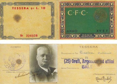 Tessera Orafi argentieri rilasciata nel 1937 