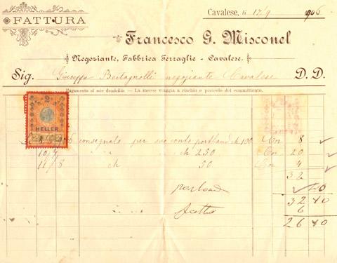 Fattura emessa dalla rivendita di materiali edili Francesco Misconel (1906)