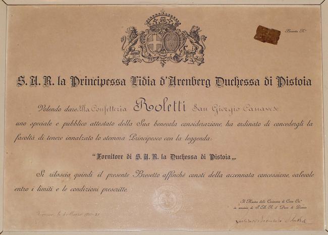 Attestato di S.A.R. la Duchesss di Pistoia, 6 marzo 1933