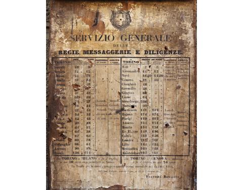 Vecchia anta su cui è ancora impresso un documento dei Regi trasporti delle tariffe delle diligenze e delle loro destinazioni nazionali e internazionali (1832)