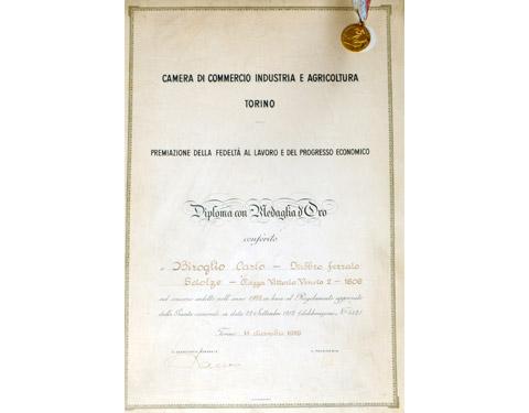 Diploma con medaglia d'oro del 1958