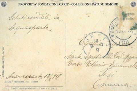 Il retro della cartolina con la pubblicità dell'Elisir stomatico Loreti