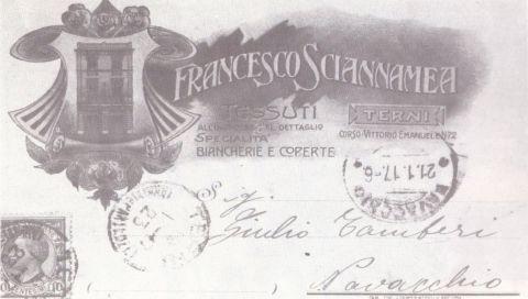Cartolina pubblicitaria della ditta Francesco Sciannameo, erronaemente stampata Sciannamea, 1917