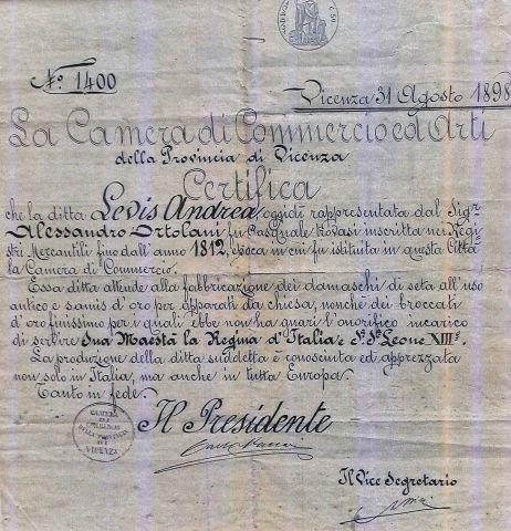Attestazione della Camera di Commercio ed Arti della provincia di Vicenza, 1898
