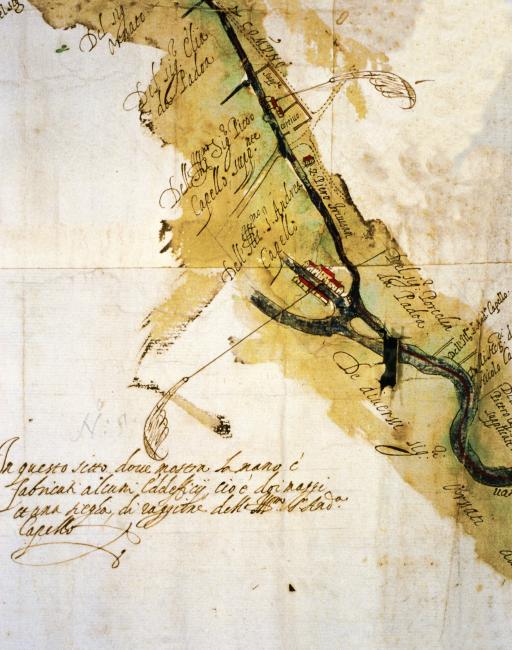 Mappa rappresentante la sistemazione idraulica richiesta da Pietro Cappello dei molini poi Munari, 1621 