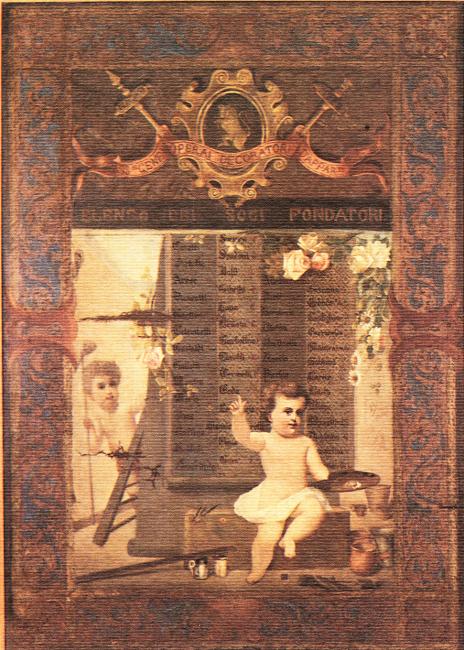 Riproduzione del grande dipinto su tela celebrante i soci fondatori della SMS dei Decoratori, conservato ed esposto nella sede sociale; Pagliano, 1889