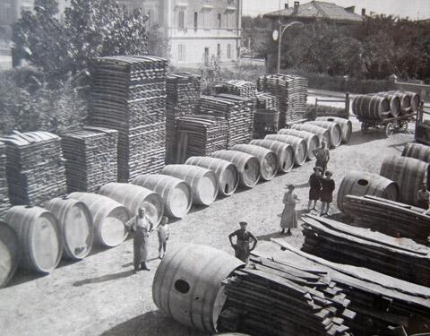 Veduta dall'alto della fabbrica Renzi con legname in stagionatura e botti