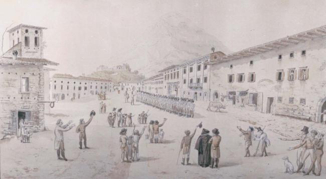 Acquarello, opera di Giuseppe Rudelli, che raffigura l'ngresso delle Imperiali Regie Truppe Austriache nella piazza di Trescore, il giorno sette aprile 1814. Sulla sinistra l'ingresso della locanda della Torre