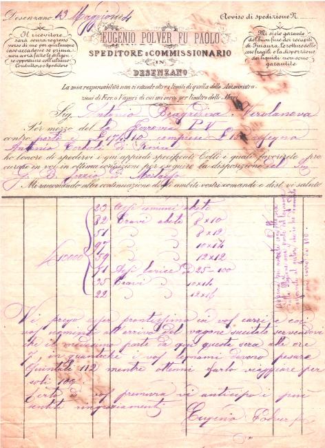 Lettera dello spedizioniere Eugenio Polver del 1884