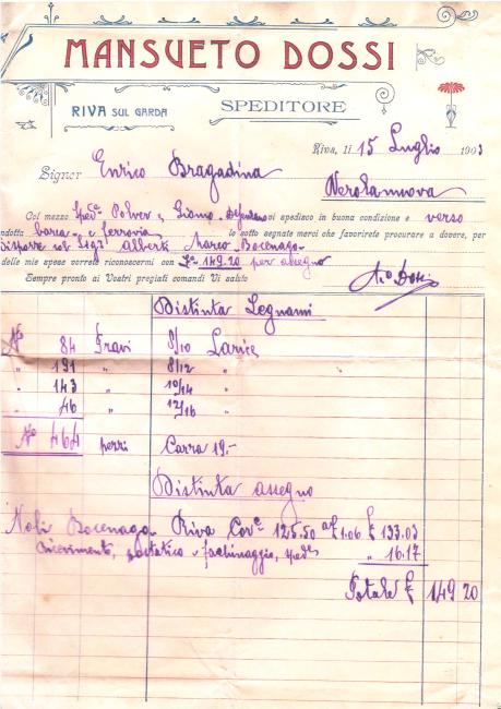 Lettera dello spedizioniere Mansueto Dossi del 1899