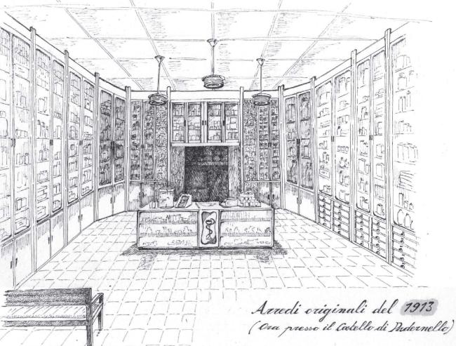 Disegno arredi originali della farmacia