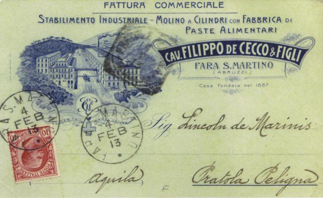 Cartolina-fattura commerciale della De Cecco, in uso nei primi anni del Novecento