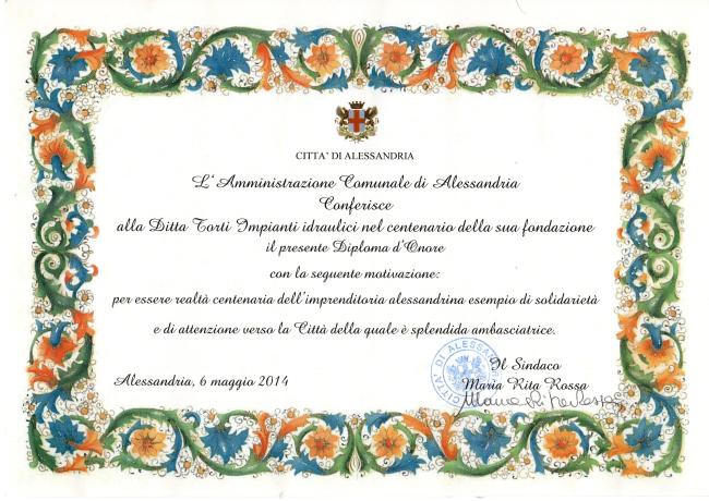 Diploma d'Onore conferito dalla città di Alessandria, 2014