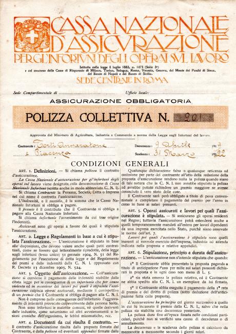 Polizza assicurazione obbligatoria a copertura degli infortuni sul lavoro, 1919