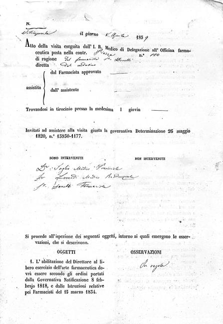 Prima pagina dell'atto di abilitazione all'esercizio della farmacia, 8 aprile 1859