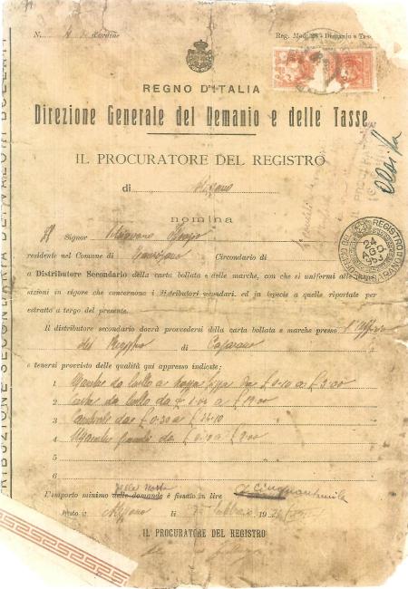 Nomina a "Distributore secondario" di carte bollate, 1935 