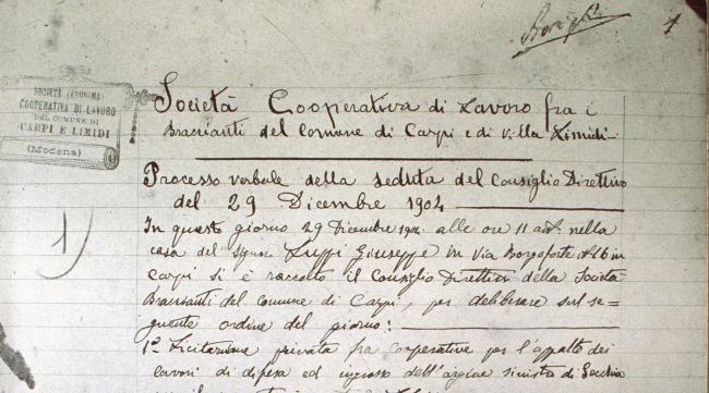 Verbale della fondazione della Cooperativa Braccianti di Carpi, 1904