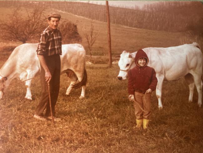 Carlo Ferrando e la nipote Daniela con le mucche al pascolo, anni Ottanta