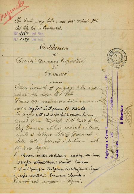 Prima pagine dell'atto costitutivo, 1919