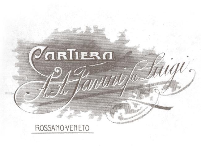 La famiglia Favini, nel 1906, acquisisce la cartiera di Rossano Veneto. Questo è il primo logo utilizzato: Cartiera A. A. Favini fu Luigi. Archivio Favini