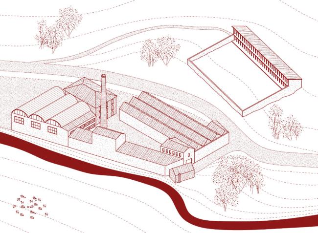 Bozzetto stilizzato del sito produttivo e della "ciodera" (stenditoio in muratura utilizzato per l'asciugatura dei panni: era esposto a sud-est su un pendio ripido con struttura in legno, dotata di chiodi, su cui venivano appesi i pannilana). Elena Turetti articolo su rivista ARK, 2019.