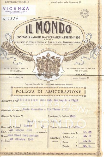 Polizza assicurativa stipulata da Rosa Brunello, 1936