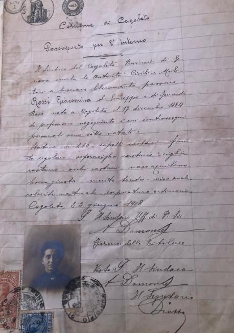 Passaporto per l'interno rilasciato a Giacomina Rossi, 1918
