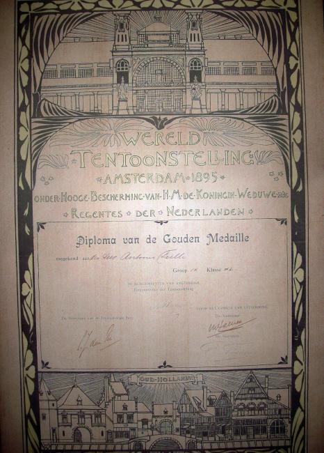 Attestazione di Medaglia d'Oro per la partecipazione alla Fiera di Amsterdam del 1865
