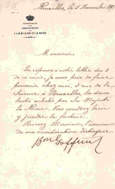Lettera ricevuta dalla Segreteria Reale del Belgio,1897