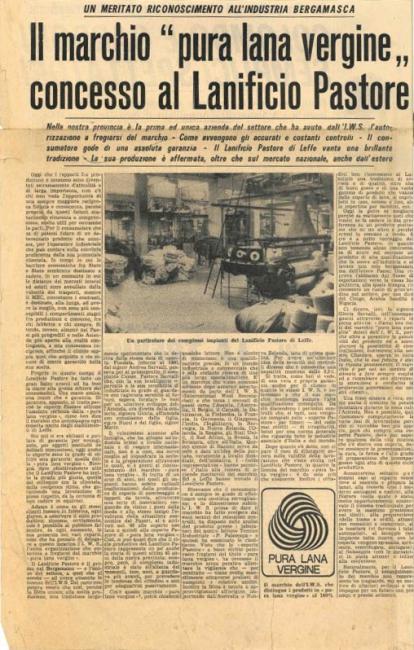 Articolo "Giornale di Bergamo" sulla concessione del marchio Pura Lana Vergine,  ottobre 1965