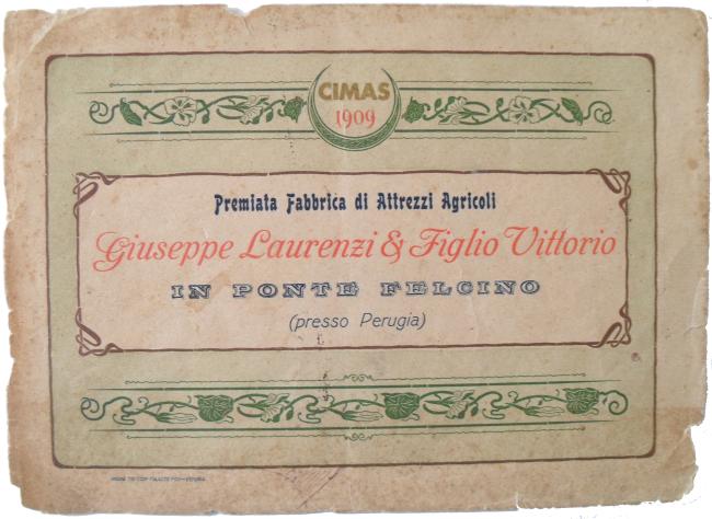 Copertina del primo catalogo della "Premiata Fabbrica di Attrezzi Agricoli Giuseppe Laurenzi e figlio Vittorio", 1902