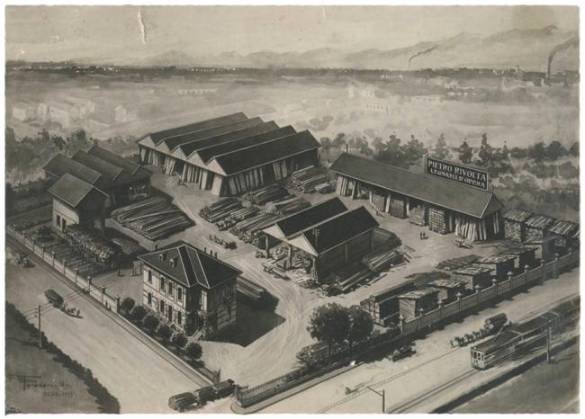 Disegno a volo d’uccello dell’azienda all’inizio del 1925 (data e firma in basso a sinistra)